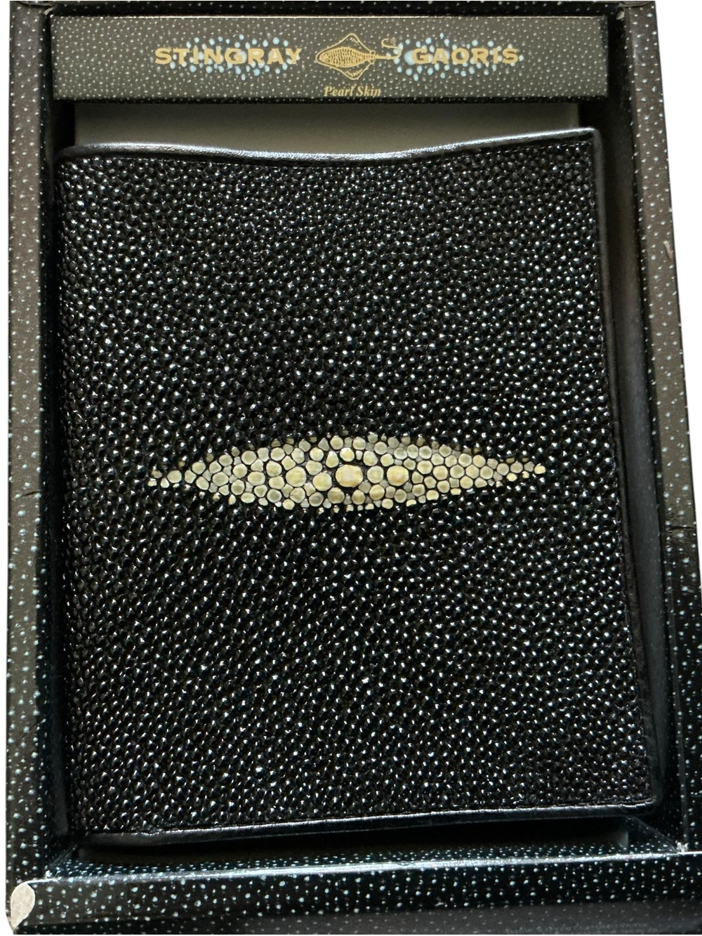 Genuine black stingray skin bifold wallet white cowhide leather men’s